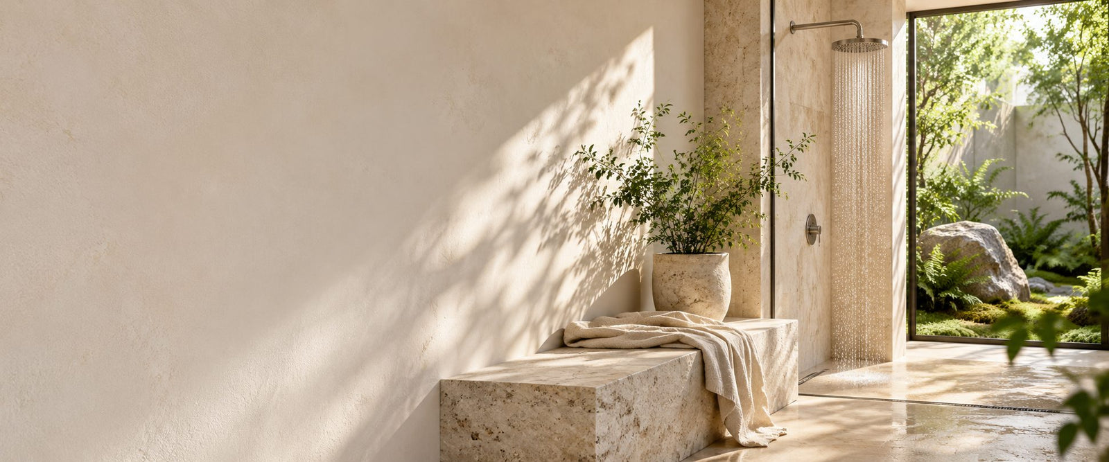 Contemporary bathroom with a textured stone ledge opening onto a small moss and fern garden