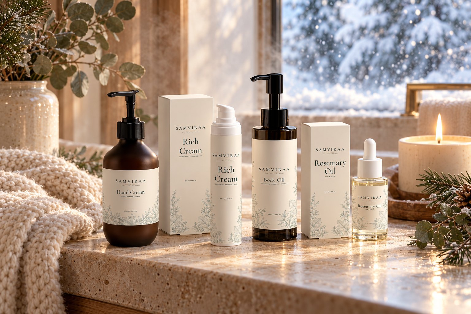 SAMVIRAA Hand Cream, Rich Cream, Body Oil and Rosemary Oil on a travertine ledge by a snowy window with a lit candle and a knit throw