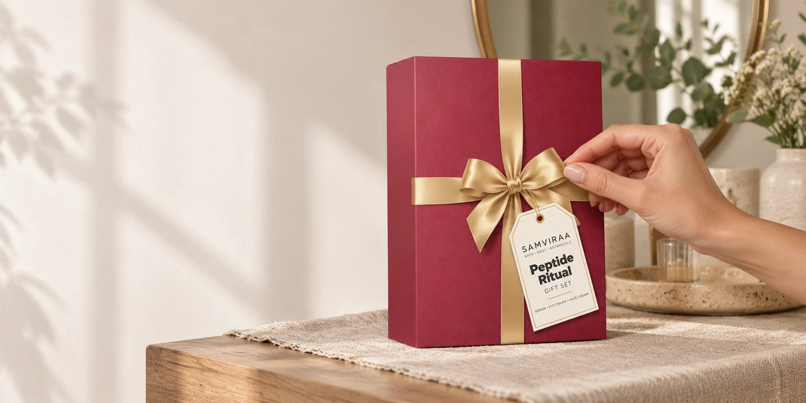 One hand straightening the ribbon on a red SAMVIRAA Peptide gift box.